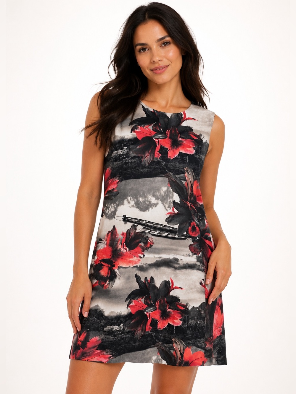 Sleeveless Mini Dress with Red Floral Print